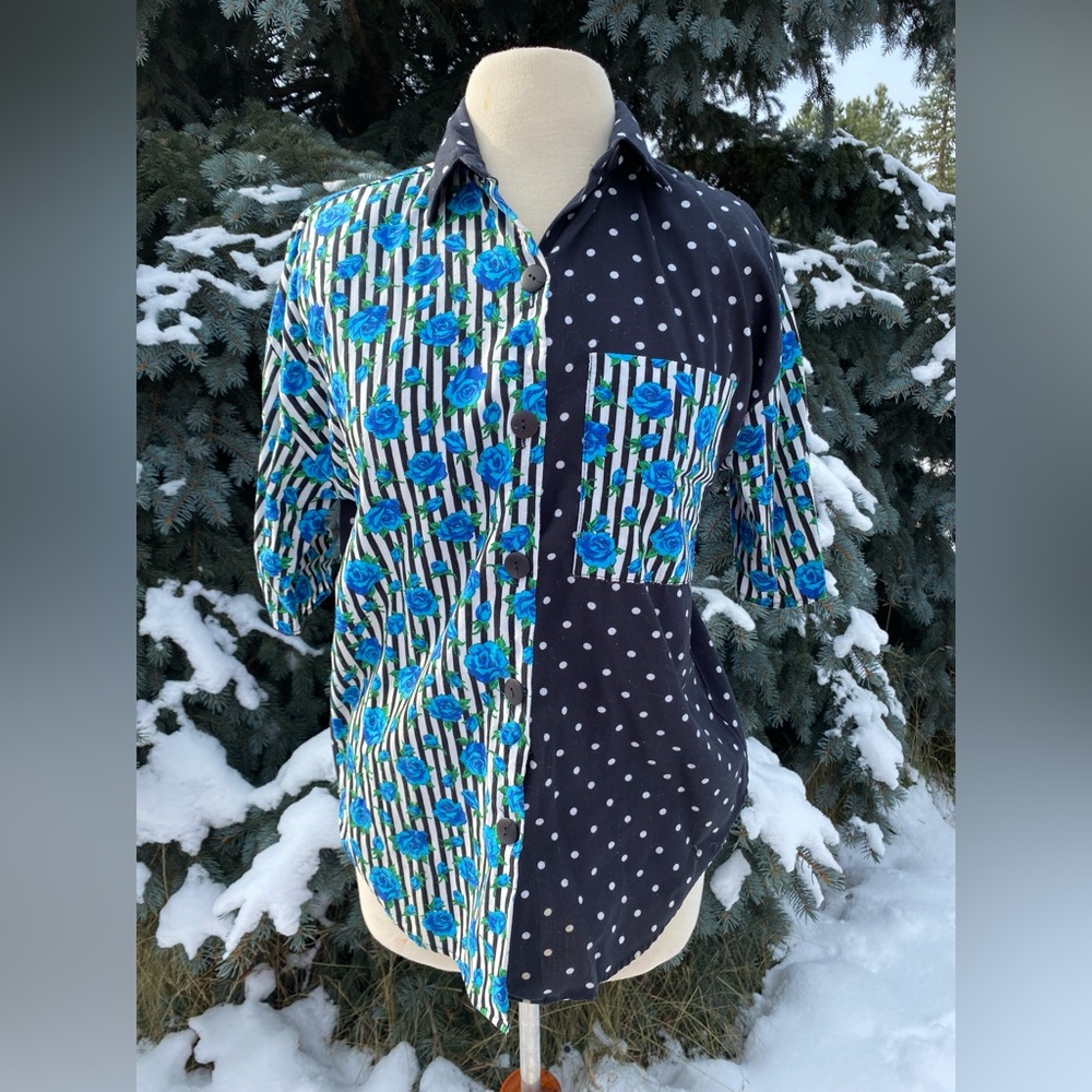 Vintage blue floral black and white stripe polka dot button up shirt 12/14 USA.